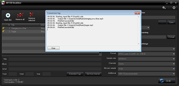 AV CD Grabber - Conversion log Screenshot