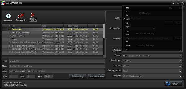 AV CD Grabber - Output Formats Screenshot